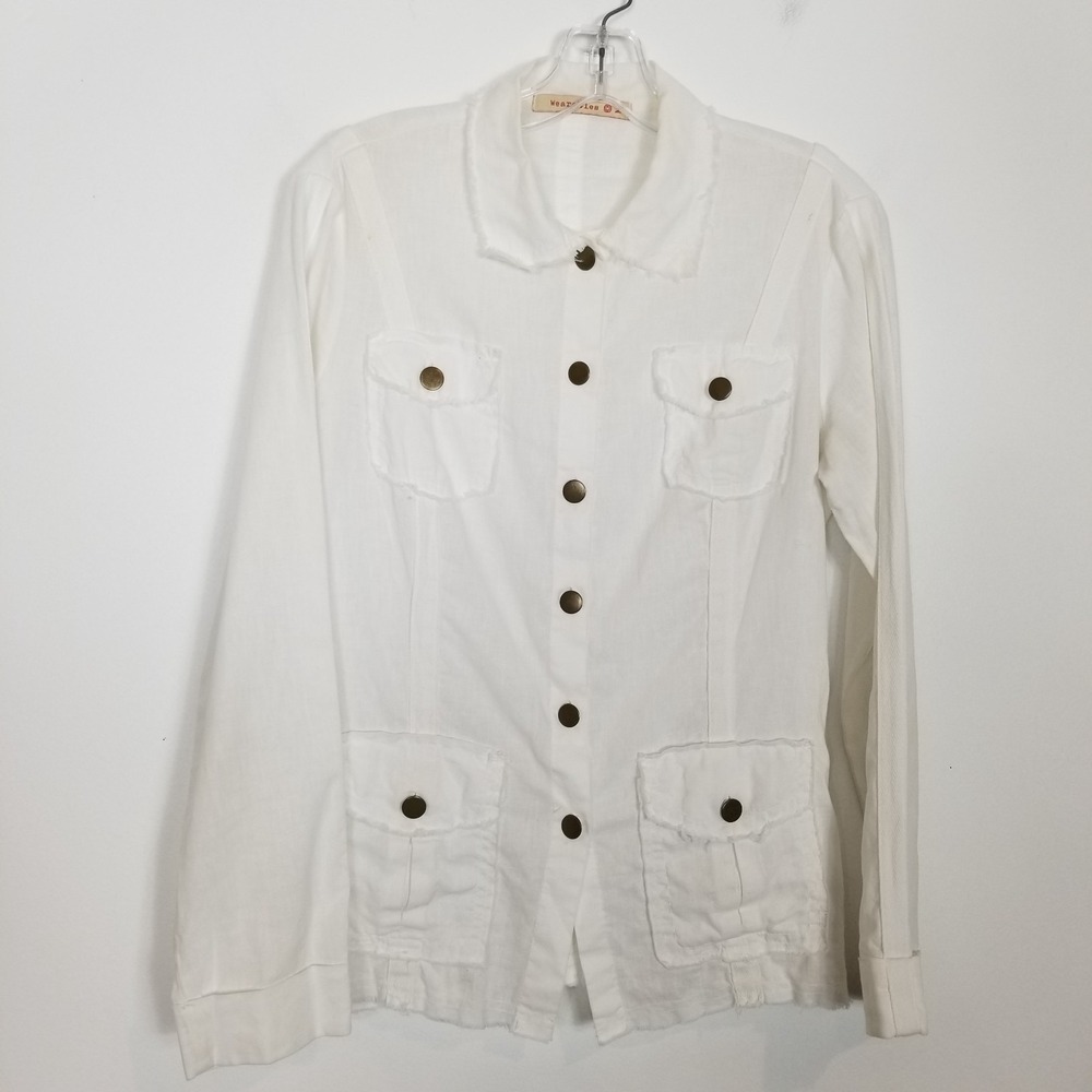 Wearables Safari Jacket Sz M White Raw Edge Linen Blend Button Up Summer Boho
